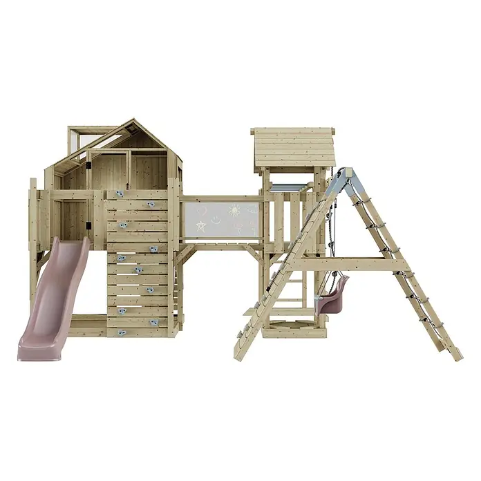 OutdoorToys Kinderspielturm Polarplay Bo - L x B x H: 490 x 503 x 291 cm, Rosa - Hölzernes Outdoor-Spielset mit rosa Rutsche, Kletterwand, Kreidetafel und Schaukel. Mit Spielhaus und A-Rahmen-Schaukel.