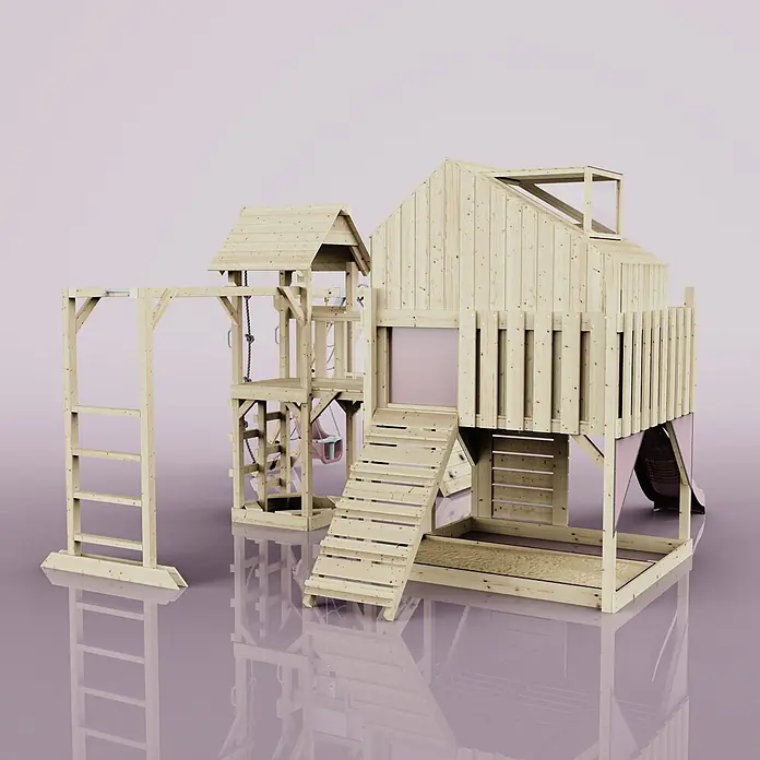 OutdoorToys Kinderspielturm Polarplay Bo - L x B x H: 490 x 503 x 291 cm, Rosa - Hölzerner Spielplatz mit Spielhaus, Klettergerüst, Schaukeln und Rutsche für Kinder im Freien.