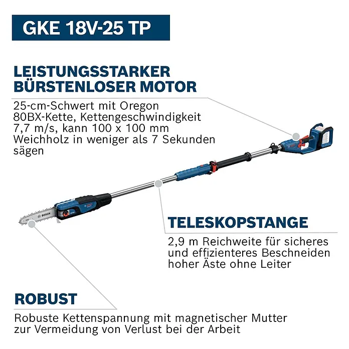 Bosch Professional AMPShare 18V Akku-Hochentaster GKE 18V-25 TP - 18 V, Ohne Akku, Schwertlänge: 25 cm - Eine blaue und schwarze Bosch GKE 18V-25 TP Akku-Teleskopkettensäge mit ausfahrbarem Schaft.