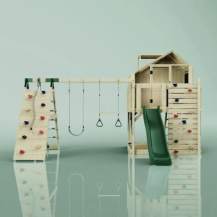 OutdoorToys Kinderspielturm Oscar - L x B x H: 472 x 415 x 292 cm, Grün - Hölzernes Outdoor-Spielset mit Kletterwänden, Schaukeln, Trapez, Ringen und einer grünen Rutsche an einem mehrstöckigen Spielhaus.