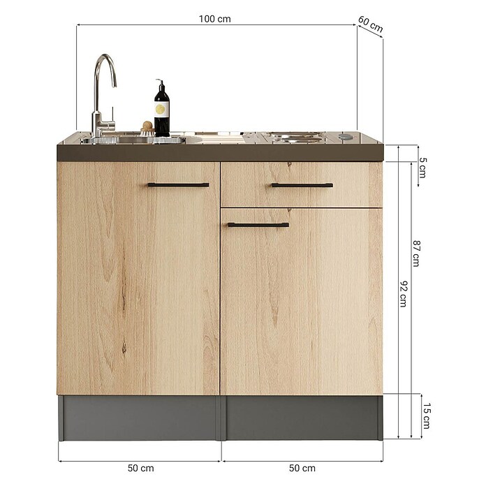 Respekta Miniküche Oliver (Breite: 100 cm, Artisan Eiche Nachbildung, Mit Duo-Kochmulde) | BAUHAUS