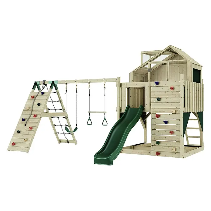 OutdoorToys Kinderspielturm Oscar - L x B x H: 472 x 415 x 292 cm, Grün - Outdoor-Holzspielplatz mit Kletterwand, Strickleiter, Schaukeln, Trapez, Rutsche und Spielhaus.