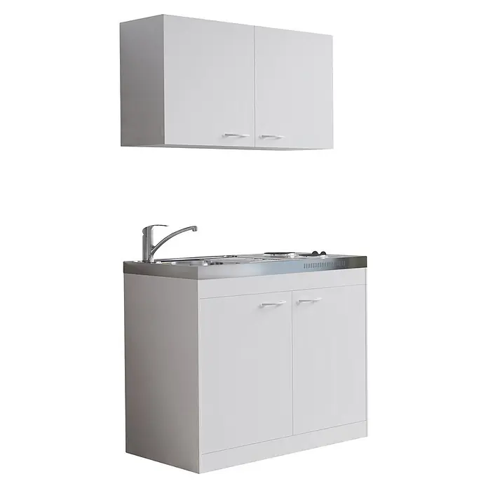 Respekta Miniküche Levin - Breite: 100 cm, Weiß, Mit Duo-Kochmulde - Weiße Kompaktküche mit Unterschrank, Spüle, zwei Kochplatten und passendem Hängeschrank.