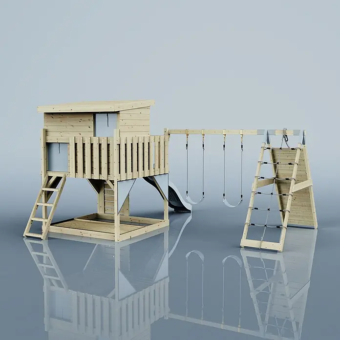 OutdoorToys Kinderspielturm Aksel - L x B x H: 469 x 415 x 261 cm, Blau - Holzspielplatz mit Spielhaus, Rutsche, zwei Schaukeln und Kletternetz, aus Naturholz und mit grauen Akzenten.