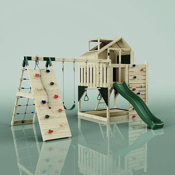 OutdoorToys Kinderspielturm Oscar - L x B x H: 472 x 415 x 292 cm, Grün - Holzspielplatz für Kinder mit grüner Rutsche, bunter Kletterwand, Schaukeln und Spielhaus.