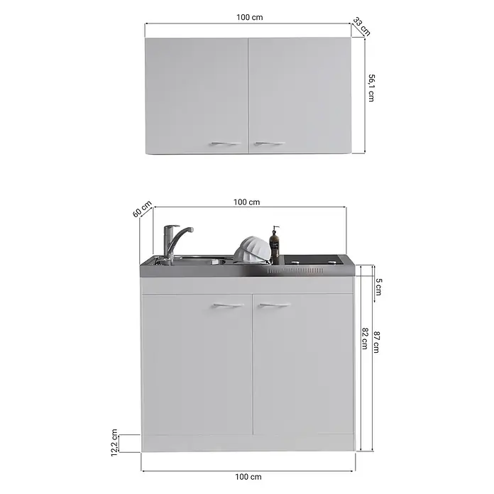 Respekta Miniküche Levin - Breite: 100 cm, Weiß, Mit Glaskeramikkochfeld - Weißes Küchenschrank-Set mit Oberschrank und Unterschrank mit integrierter Spüle und Kochfeld.
