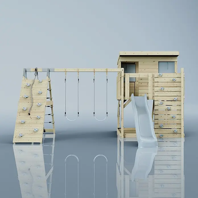 OutdoorToys Kinderspielturm Aksel - L x B x H: 469 x 415 x 261 cm, Blau - Hölzerner Spielplatz mit Kletterwand, Schaukeln, Turm und Rutsche, mit hellgrauen Klettergriffen und Rutsche.
