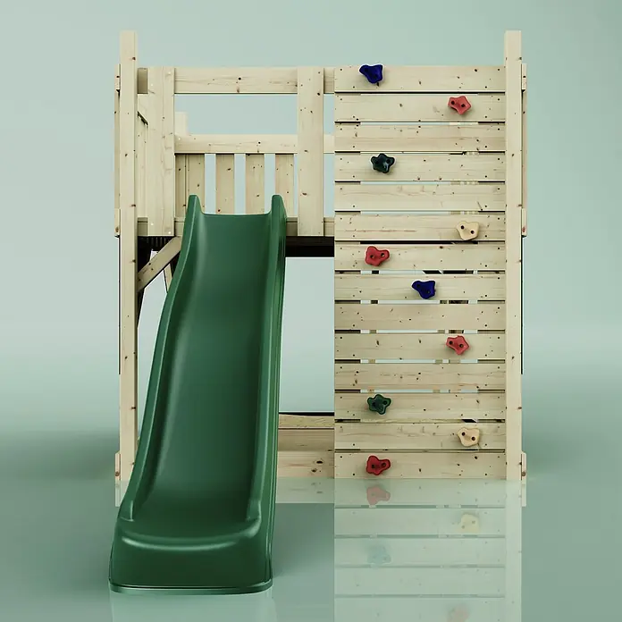 OutdoorToys Kinderspielturm Plattform Sternenhimmel - L x B x H: 415 x 191 x 205 cm, Grün - Hölzerner Kletterturm mit grüner Rutsche und bunten Klettergriffen.