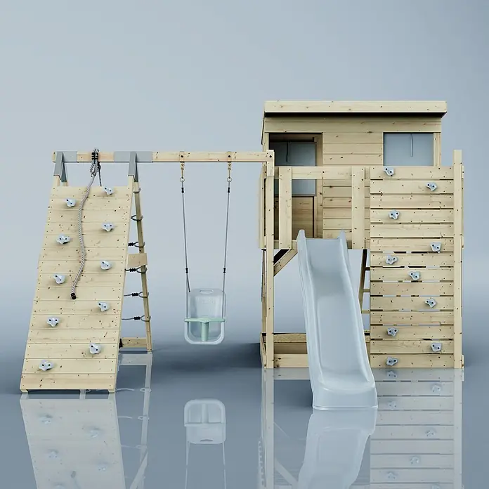 OutdoorToys Kinderspielturm Emil - L x B x H: 396 x 415 x 260 cm, Blau - Holzspielturm mit Klettergerüst, Rutsche, Schaukel und Spielhaus aus Naturholz und hellgrauen Elementen.