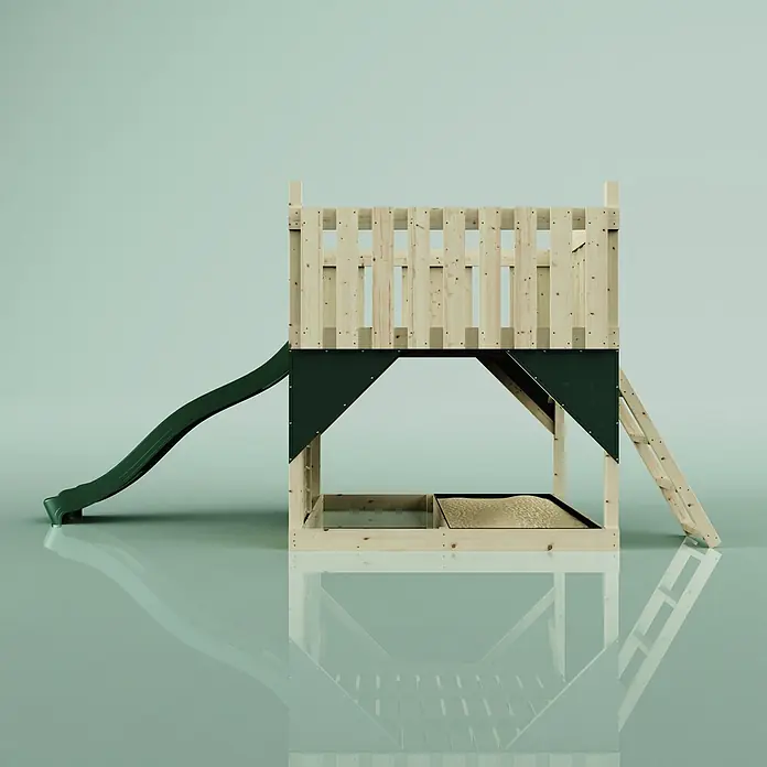 OutdoorToys Kinderspielturm Plattform Sternenhimmel - L x B x H: 415 x 191 x 205 cm, Grün - Holzspielhaus mit grüner Rutsche und integriertem Sandkasten.