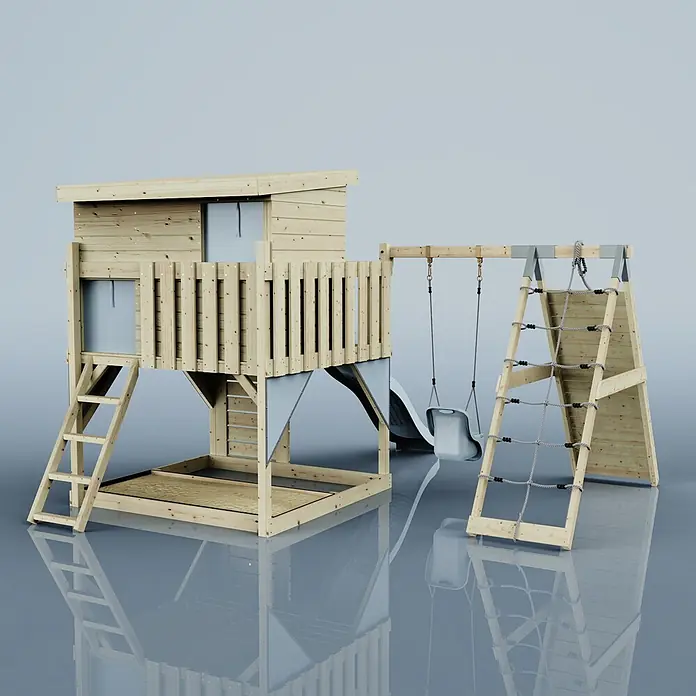 OutdoorToys Kinderspielturm Emil - L x B x H: 396 x 415 x 260 cm, Blau - Hölzernes Kinderspielhaus mit Rutsche, Schaukel, Kletternetz und Sandkasten. Aus hellem Holz mit grauen Akzenten gefertigt.