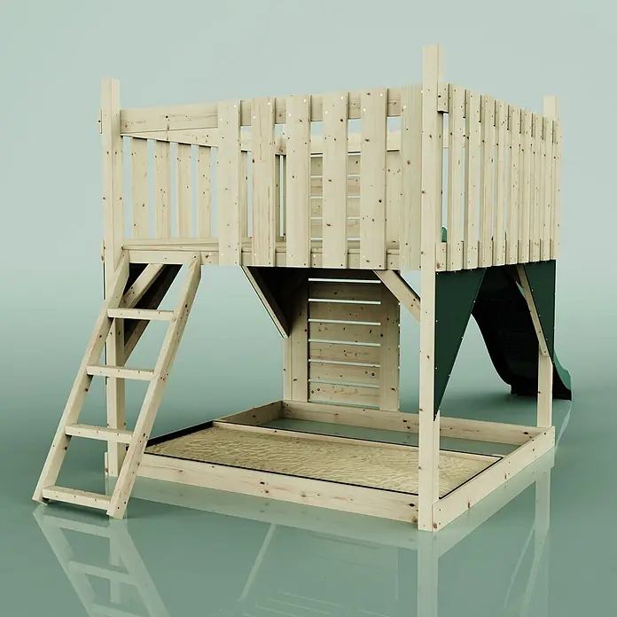 OutdoorToys Kinderspielturm Plattform Sternenhimmel - L x B x H: 415 x 191 x 205 cm, Grün - Spielturm aus hellem Holz mit erhöhter Plattform, Leiter, integriertem Sandkasten und dunkelgrüner Rutsche.