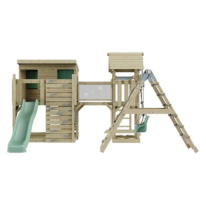 OutdoorToys Kinderspielturm Bene Babyschaukel; - Holz, Grün - Hölzerner Spielplatz mit grüner Rutsche, Kletterwand, Kreidetafel, Babyschaukel und Seilleiter.