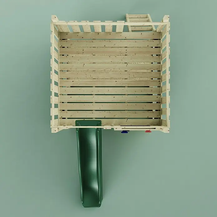 OutdoorToys Kinderspielturm Plattform Sternenhimmel - L x B x H: 415 x 191 x 205 cm, Grün - Spielturm aus Holz mit grüner Rutsche und Leiter, von oben gesehen.