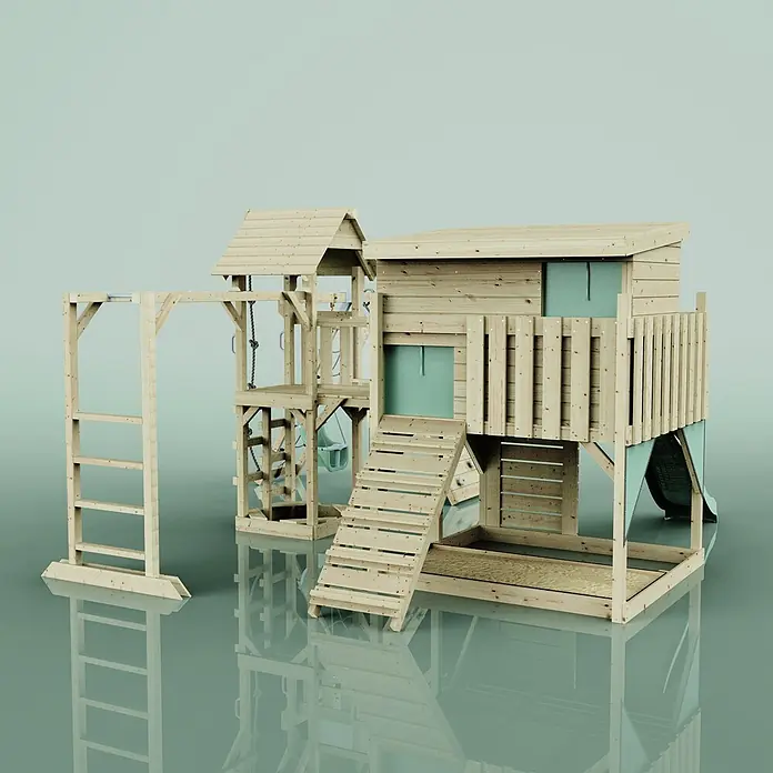 OutdoorToys Kinderspielturm Bene Babyschaukel; - Holz, Grün - Spielplatz aus Naturholz mit Spielhaus, Rutsche, Klettergerüst und Schaukeln, mit hellgrünen Stoffakzenten.