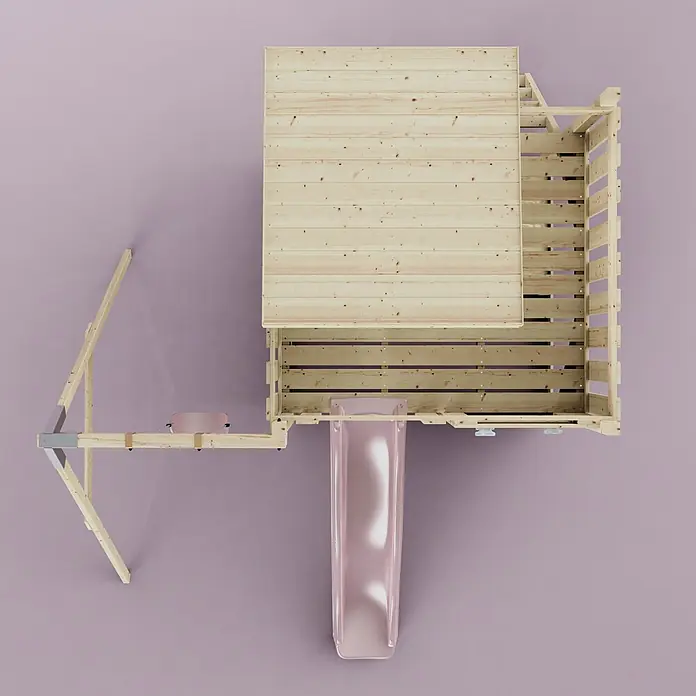 OutdoorToys Kinderspielturm Alma - L x B x H: 306 x 415 x 260 cm, Rosa - Holzspielplatz mit Haus, rosa Rutsche und Schaukel, von oben gesehen.