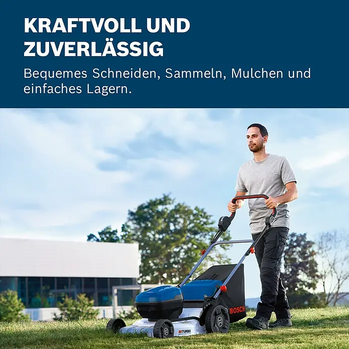 Bosch Professional AMPShare 18V Akku-Rasenmäher GRA 18V2-46 - 18 V, Ohne Akku, Schnittbreite: 46 cm - Mann mäht mit einem blauen und weißen Bosch Rasenmäher Rasen, der kraftvolles Schneiden ermöglicht.