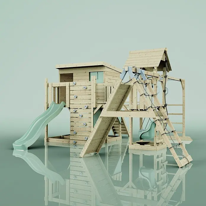 OutdoorToys Kinderspielturm Bene Babyschaukel; - Holz, Grün - Spielplatz aus Holz mit grüner Rutsche, Kletterwand, Schaukel, Strickleiter und Spielhaus.