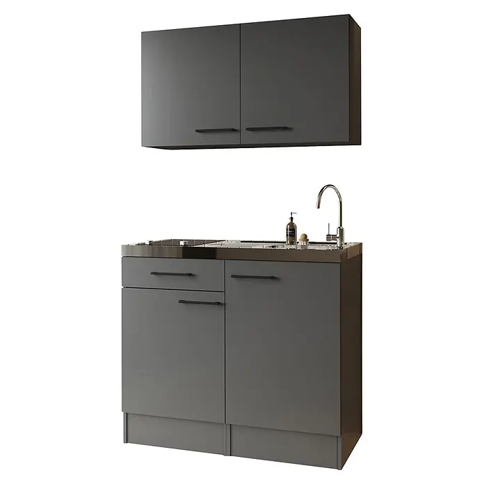 Respekta Miniküche Oliver - Breite: 100 cm, Grau, Mit Glaskeramikkochfeld, Mit Oberschrank - Dunkelgraues Küchenschrank-Set mit Oberschrank und Unterschrank mit Edelstahlplatte, Spüle und Wasserhahn.