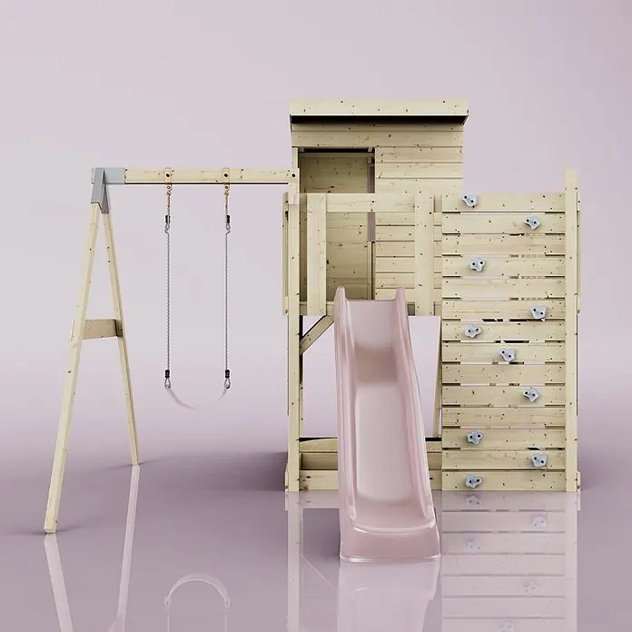 OutdoorToys Kinderspielturm Alma - L x B x H: 306 x 415 x 260 cm, Rosa - Hölzerner Spielturm mit rosa Rutsche, Einzelschaukel und Kletterwand.