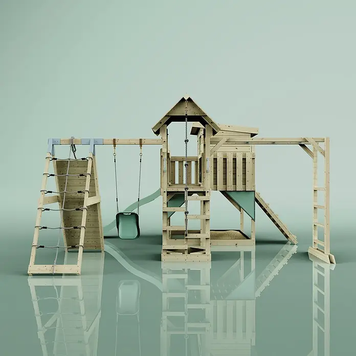 OutdoorToys Kinderspielturm Bene Babyschaukel; - Holz, Grün - Hölzernes Outdoor-Spielset mit Kletternetz, Schaukel, Rutsche und Sandkasten. Verfügt über einen Spielturm mit Dach.