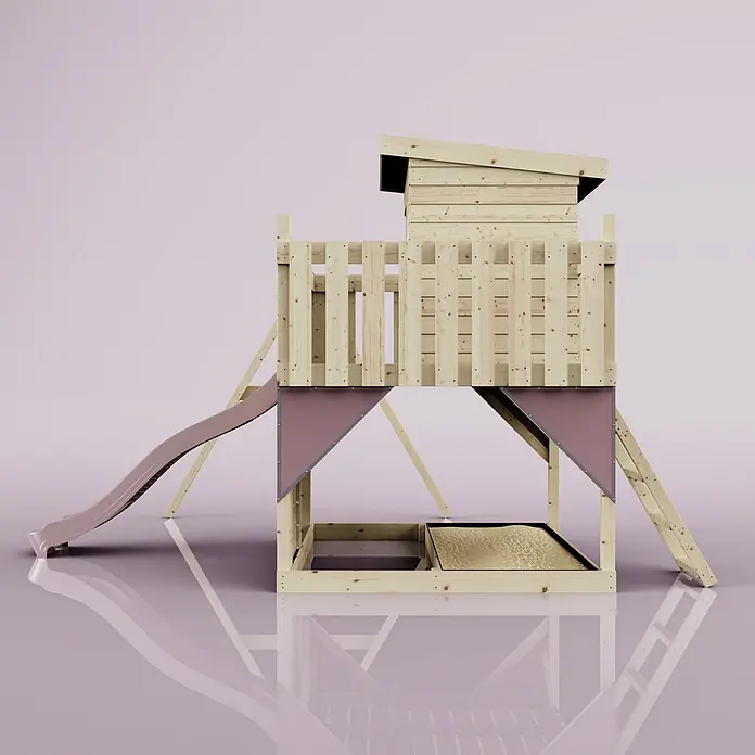 OutdoorToys Kinderspielturm Alma - L x B x H: 306 x 415 x 260 cm, Rosa - Hölzernes Kinderspielhaus mit hellrosa Rutsche und Sandkasten, aus Naturholz mit dunkelrosa Stoffdetails.
