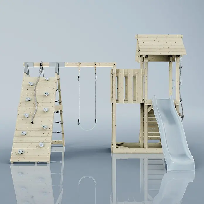 OutdoorToys Kinderspielturm Farö - L x B x H: 364 x 357 x 273 cm, Blau - Hölzernes Outdoor-Spielset mit Kletterwand, Schaukeln, Turm und Rutsche.