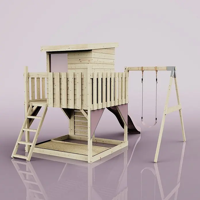 OutdoorToys Kinderspielturm Alma - L x B x H: 306 x 415 x 260 cm, Rosa - Hölzernes Spielset mit erhöhtem Spielhaus, Leiter, pinker Rutsche, integriertem Sandkasten und Schaukelgestell mit zwei Schaukeln.