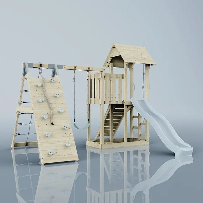 OutdoorToys Kinderspielturm Farö - L x B x H: 364 x 357 x 273 cm, Blau - Hölzerner Kinderspielplatz mit Kletterwand, Kletternetz, Seil, Schaukel, Turm, Treppe und hellgrauer Rutsche.