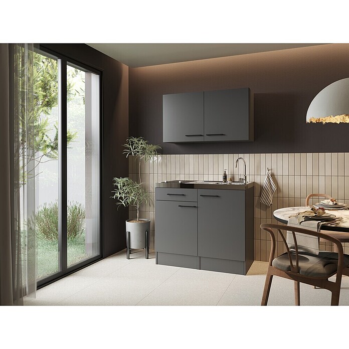 Respekta Miniküche Oliver (Breite: 100 cm, Grau, Mit Glaskeramikkochfeld, Mit Oberschrank) | BAUHAUS
