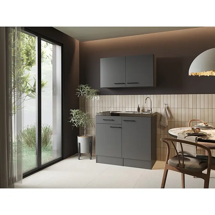 Respekta Miniküche Oliver - Breite: 100 cm, Grau, Mit Glaskeramikkochfeld, Mit Oberschrank - Dunkelgraue modulare Küchenzeile mit Edelstahlspüle, Kochfeld und passenden Hängeschränken in modernem Küchendesign.