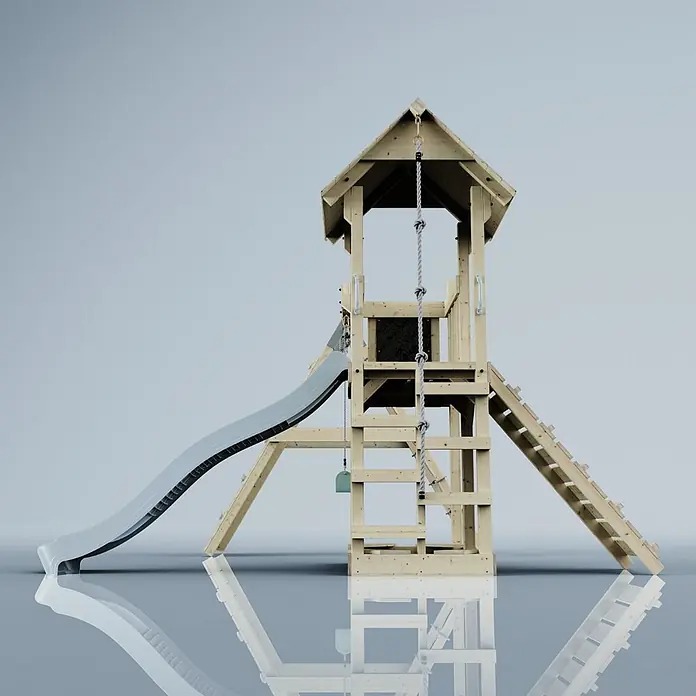 OutdoorToys Kinderspielturm Farö - L x B x H: 364 x 357 x 273 cm, Blau - Hölzerner Kinderspielturm mit grauer Rutsche, Kletterseil und Holzleiter für den Spielplatz.