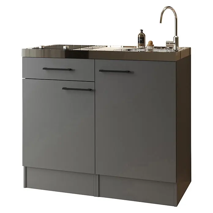 Respekta Miniküche Oliver - Breite: 100 cm, Grau, Mit Glaskeramikkochfeld - Grauer Küchenspülschrank mit Edelstahl-Arbeitsplatte, integrierter Spüle, Wasserhahn und Kochfeld. Verfügt über zwei Schubladen und zwei Unterschränke.