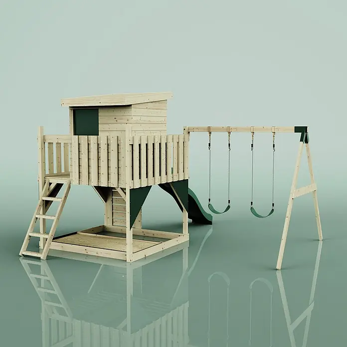 OutdoorToys Kinderspielturm Björn - L x B x H: 396 x 415 x 261 cm, Grün - Hölzerner Spielplatz mit Spielhaus, Rutsche und zwei Schaukeln. Mit Sandkasten und dunkelgrünen Akzenten.