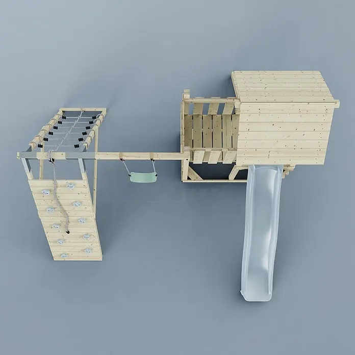 OutdoorToys Kinderspielturm Farö - L x B x H: 364 x 357 x 273 cm, Blau - Komplettes Holzspielplatz-Set mit Spielhaus, transparenter Rutsche, Kletterwand, Kletternetz und grüner Schaukel.