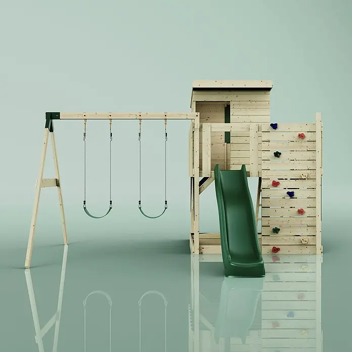 OutdoorToys Kinderspielturm Björn - L x B x H: 396 x 415 x 261 cm, Grün - Holzspielplatzset mit dunkelgrüner Rutsche, zwei grünen Schaukeln und Kletterwand mit bunten Griffen für den Außenbereich.