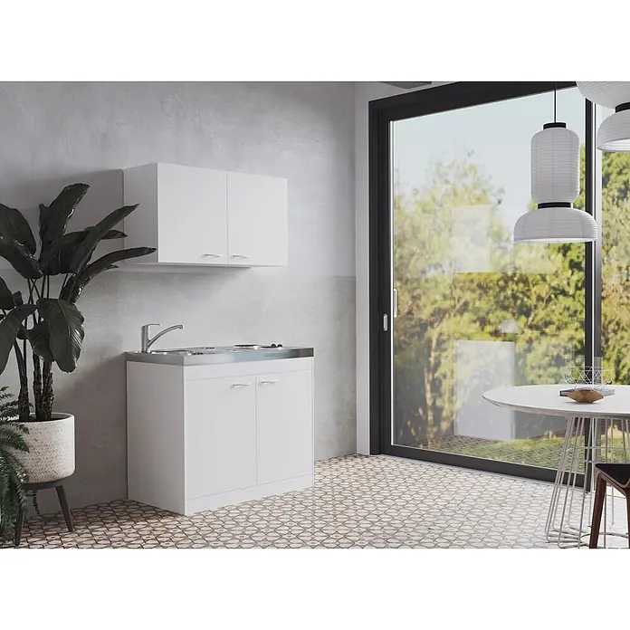 Respekta Miniküche Levin - Breite: 100 cm, Weiß, Mit Duo-Kochmulde - Kompakte weiße Küchenzeile mit Spüle und Zweiflammenherd, ideal für funktionales Kochen und Spülen in einem modernen Umfeld.