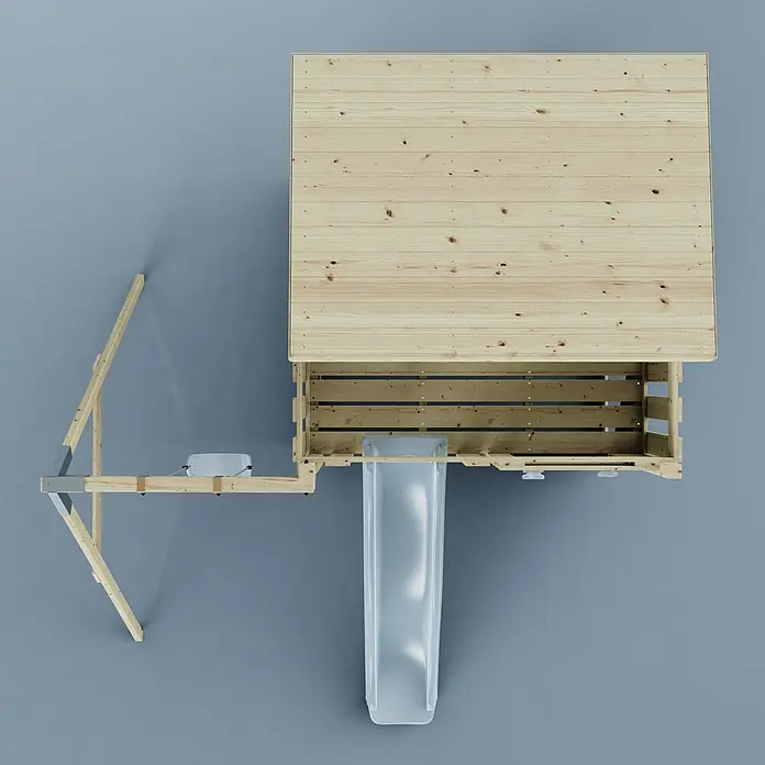 OutdoorToys Kinderspielturm Tjorven - L x B x H: 306 x 415 x 260 cm, Blau - Erhöhtes Holzspielhaus mit transparenter Kunststoffrutsche und angebrachter kleiner Plattform.