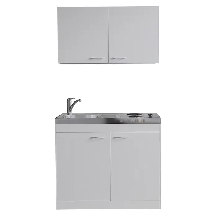 Respekta Miniküche Levin - Breite: 100 cm, Weiß, Mit Duo-Kochmulde - Kompakte weiße Küchenzeile mit Spüle, Wasserhahn, zwei Kochfeldern und zwei Unterschränken, ergänzt durch zwei passende Oberschränke.