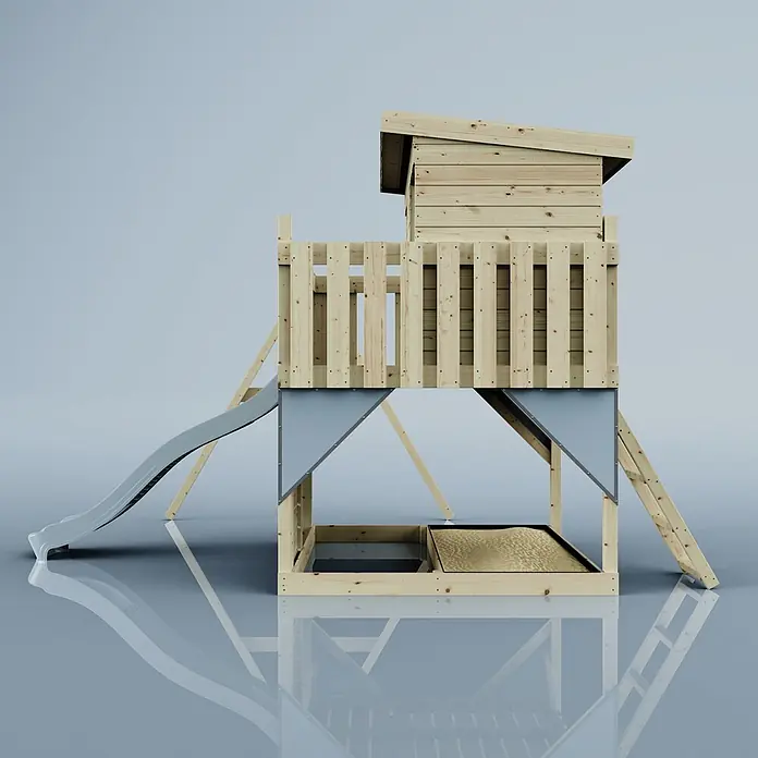 OutdoorToys Kinderspielturm Tjorven - L x B x H: 306 x 415 x 260 cm, Blau - Hölzernes Spielhaus mit erhöhter Spielplattform, grauer Rutsche und Sandkasten darunter.