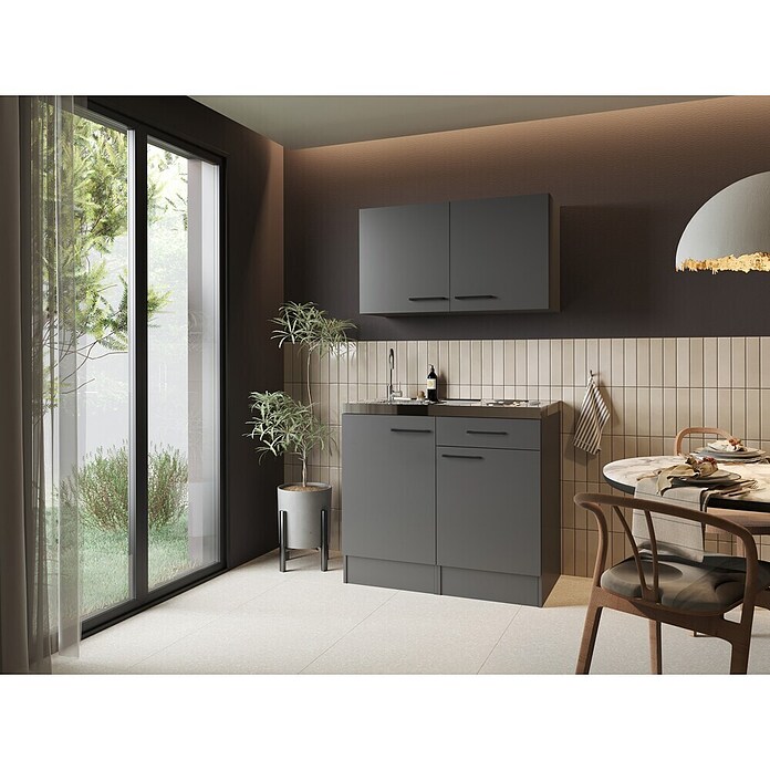 Respekta Miniküche Oliver (Breite: 100 cm, Grau, Mit Duo-Kochmulde, Mit Oberschrank) | BAUHAUS