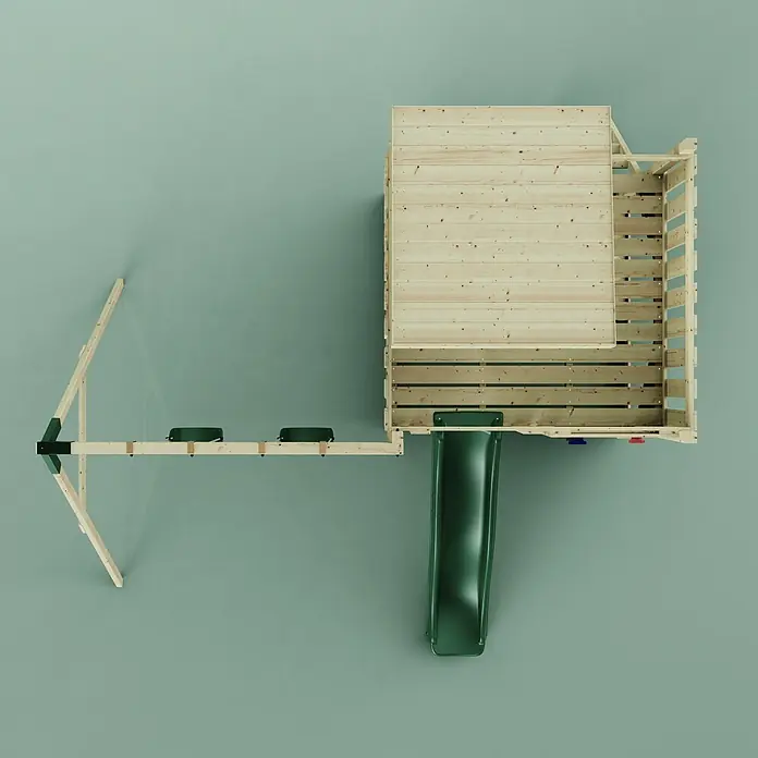 OutdoorToys Kinderspielturm Björn - L x B x H: 396 x 415 x 261 cm, Grün - Hölzernes Spielgerät mit Plattform, grüner Rutsche und zwei grünen Schaukeln.