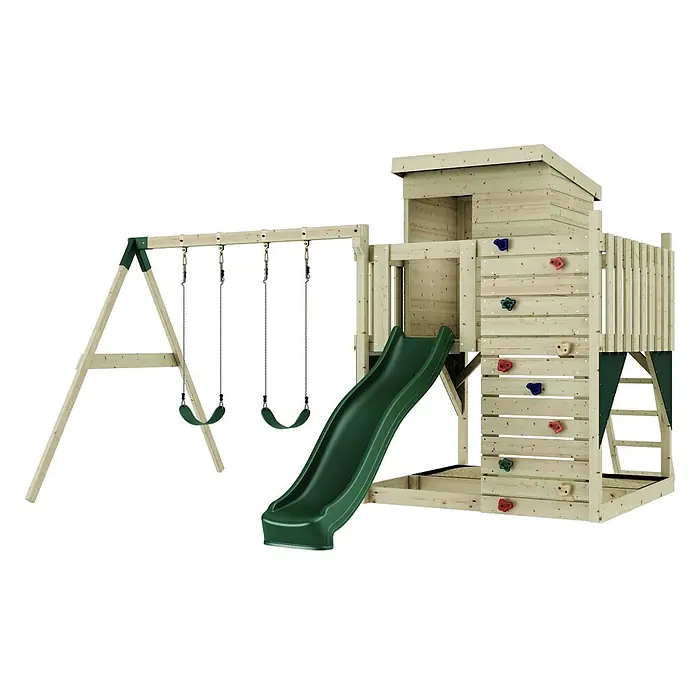 OutdoorToys Kinderspielturm Björn - L x B x H: 396 x 415 x 261 cm, Grün - Hölzernes Spielset mit zwei grünen Schaukeln, grüner Rutsche, Kletterwand mit bunten Griffen und erhöhtem Spielhaus.