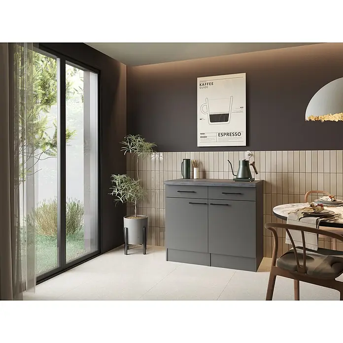Respekta Oliver Sideboard - Breite: 100 cm, Grau Matt, Ohne Oberschrank - Dunkelgrauer Unterschrank mit schwarzen Griffen und Arbeitsplatte, als Kaffeestation in modernem Essbereich.