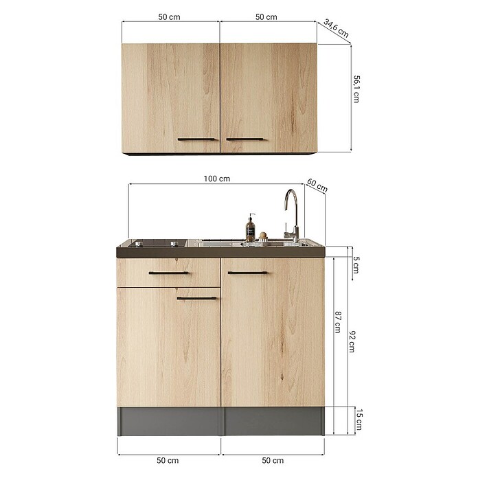Respekta Miniküche Oliver (Breite: 100 cm, Grau, Mit Glaskeramikkochfeld, Mit Oberschrank) | BAUHAUS