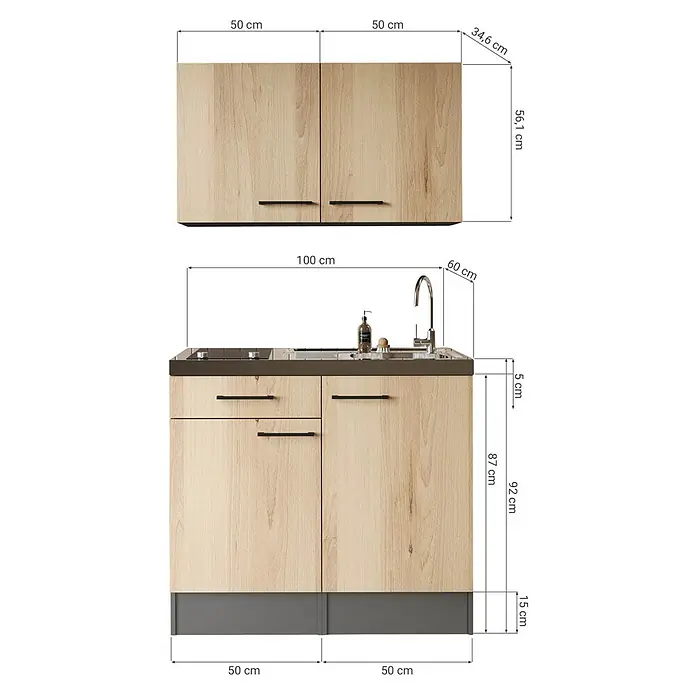 Respekta Miniküche Oliver - Breite: 100 cm, Grau, Mit Glaskeramikkochfeld, Mit Oberschrank - Küchenschrank-Set in heller Holzoptik mit dunkelgrauen Akzenten, bestehend aus Hängeschrank und Unterschrank mit Spüle.