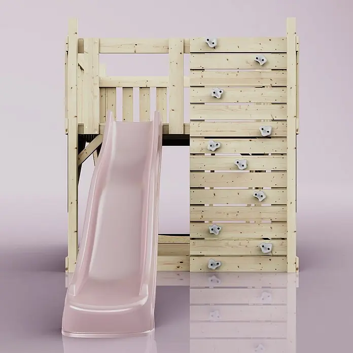 OutdoorToys Kinderspielturm Plattform Sternenhimmel - L x B x H: 415 x 191 x 205 cm, Rosa - Hölzernes Hochbett für Kinder mit rosa Rutsche und integrierter Kletterwand mit weißen Griffen.