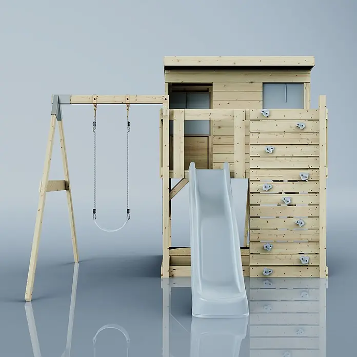 OutdoorToys Kinderspielturm Tjorven - L x B x H: 306 x 415 x 260 cm, Blau - Hölzerner Spielplatz mit Schaukel, grauer Rutsche und Kletterwand mit grauen Griffen.