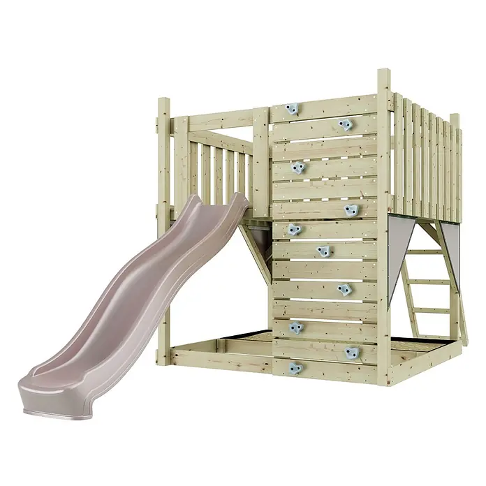 OutdoorToys Kinderspielturm Plattform Sternenhimmel - L x B x H: 415 x 191 x 205 cm, Rosa - Spielturm aus Holz mit hellrosa Rutsche und Kletterwand mit grauen Griffen.