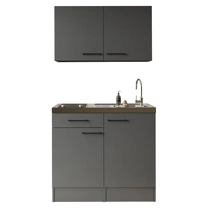 Respekta Miniküche Oliver - Breite: 100 cm, Grau, Mit Glaskeramikkochfeld, Mit Oberschrank - Dunkelgraue modulare Küchenzeile mit Hängeschränken, integrierter Spüle und Zweiflammenherd.